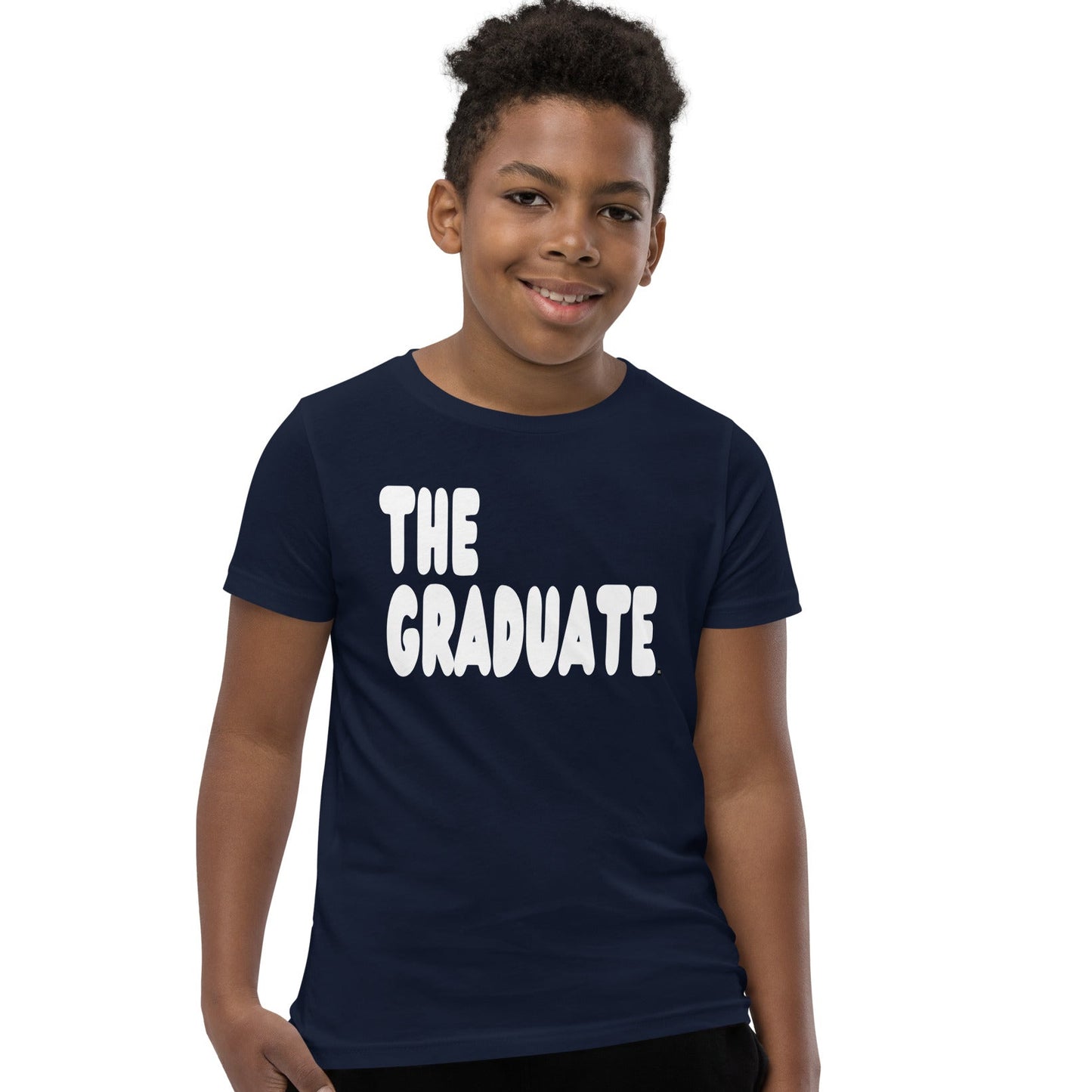 Boy wearing The Graduate Kid's Unisex T-Shirt in Navy Blue from the APWT Gift Shop