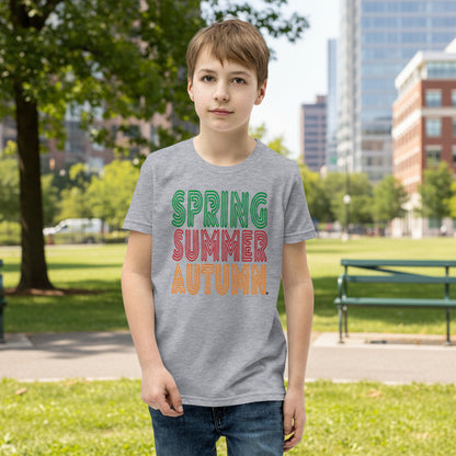 Boy wearing The Spring into Summer Kid's Unisex T-Shirt in Gray