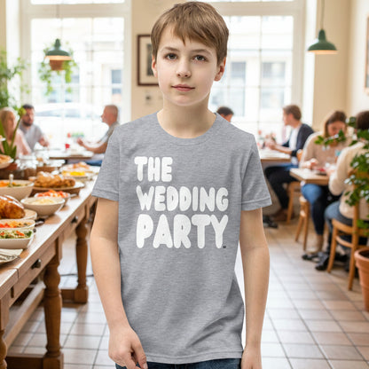 Boy wearing The Wedding Party Kids T-Shirt in Grey from the APWT Gift Shop