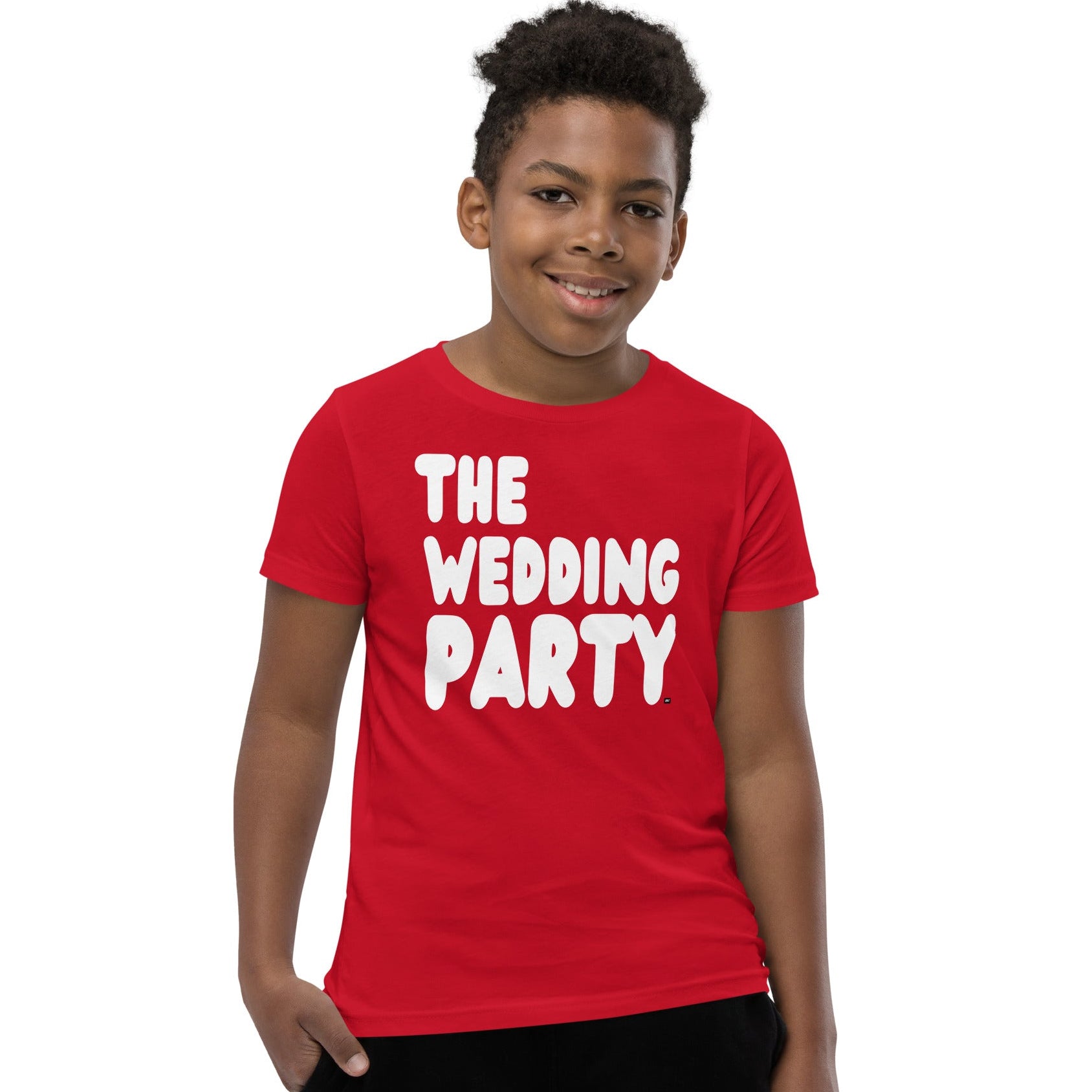 Boy wearing The Wedding Party Kids T-Shirt in Red from the APWT Gift Shop