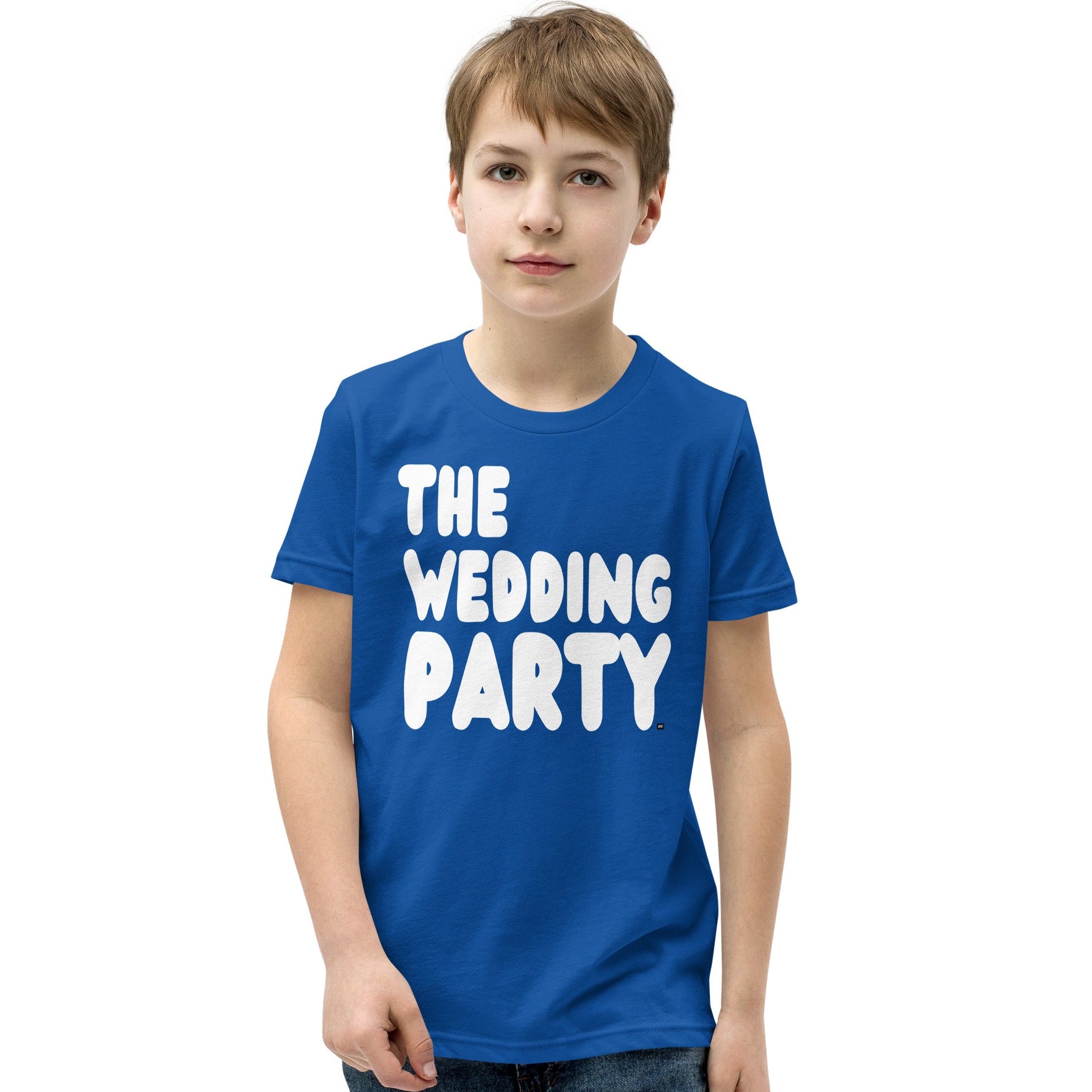 Boy wearing The Wedding Party Kids T-Shirt in Royal Blue from the APWT Gift Shop