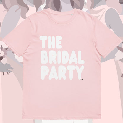 Pink t-shirt with 'THE BRIDAL PARTY' text on a patterned background