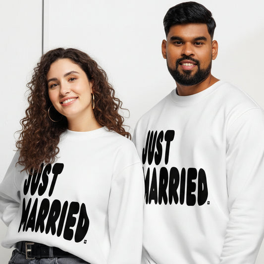 Couple wearing Just Married Premium Unisex Crew Neck White Sweatshirt