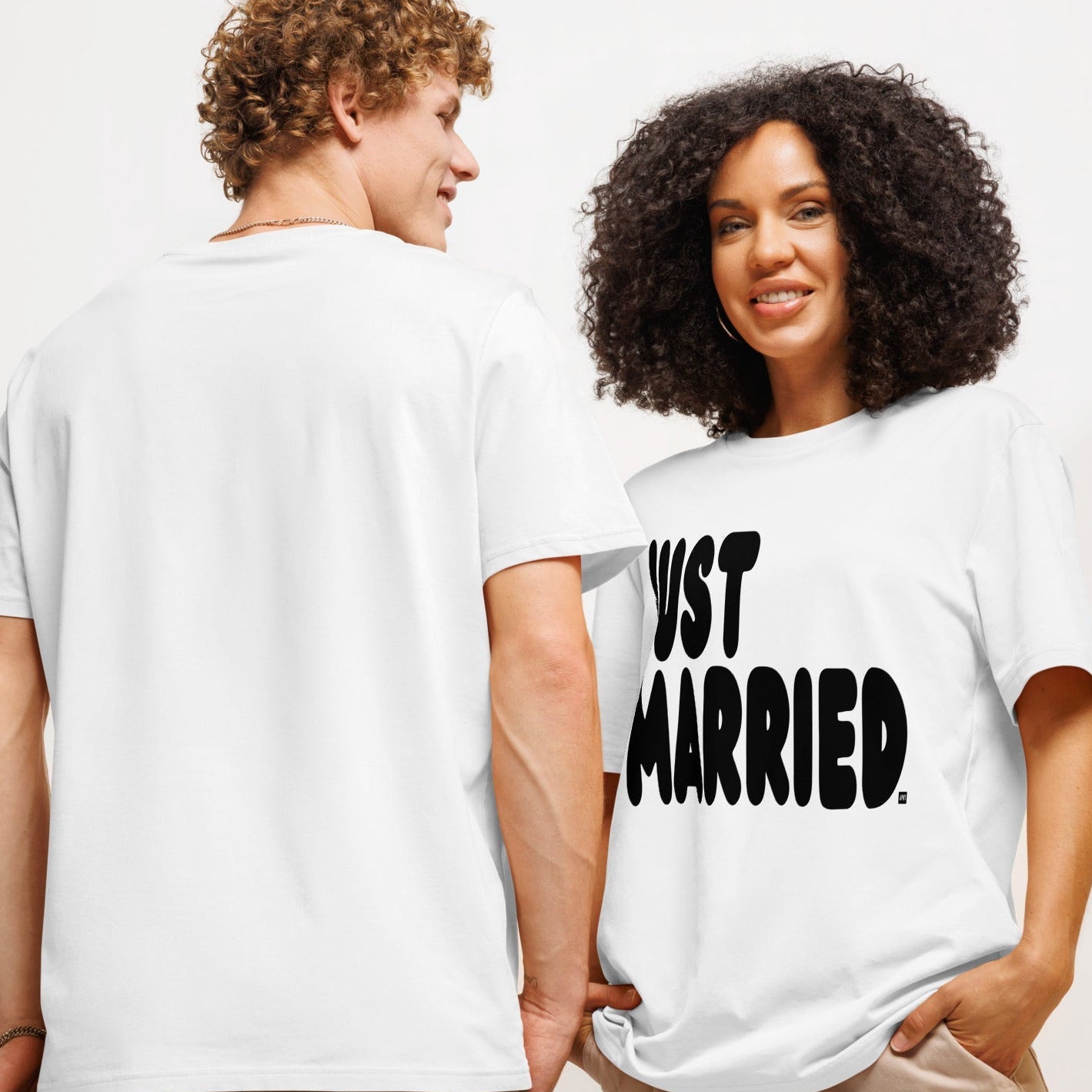 Couple wearing Just Married Premium Unisex White T-Shirt