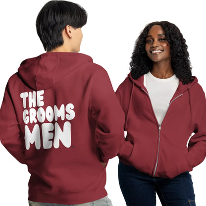 Couple wearing The Groomsmen Premium Unisex Zip-Up Hoodie in Burgundy