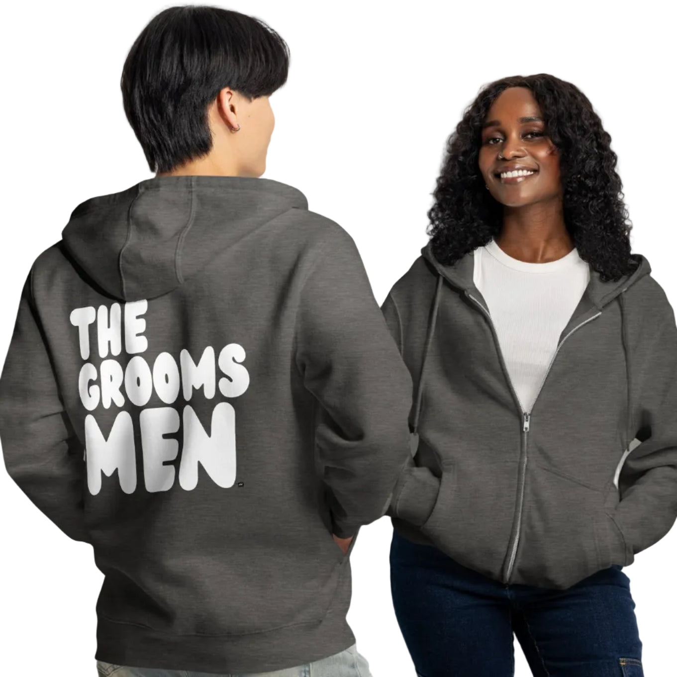 Couple wearing The Groomsmen Premium Unisex Zip-Up Hoodie in Dark Grey
