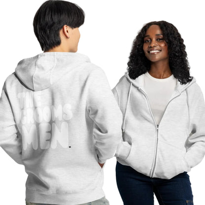 Couple wearing The Groomsmen Premium Unisex Zip-Up Hoodie in Grey