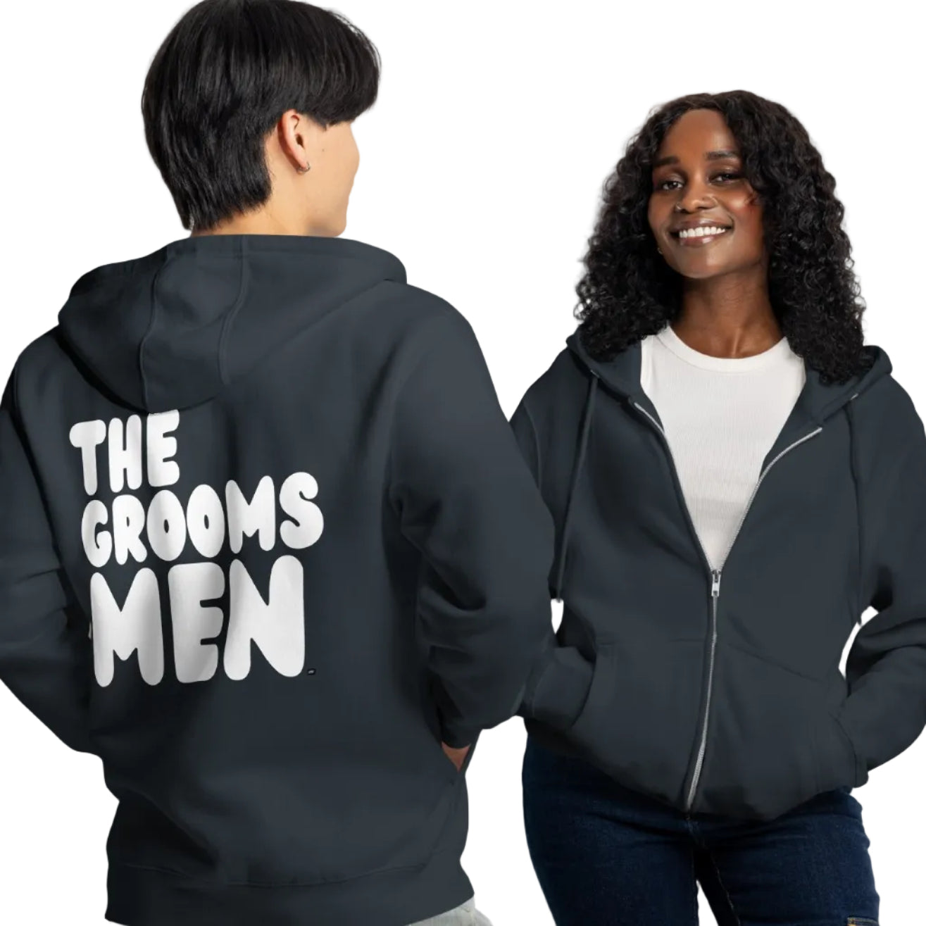 Couple wearing The Groomsmen Premium Unisex Zip-Up Hoodie in Navy Blue