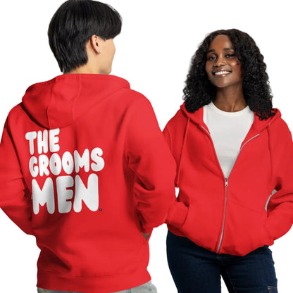 Couple wearing The Groomsmen Premium Unisex Zip-Up Hoodie in Red