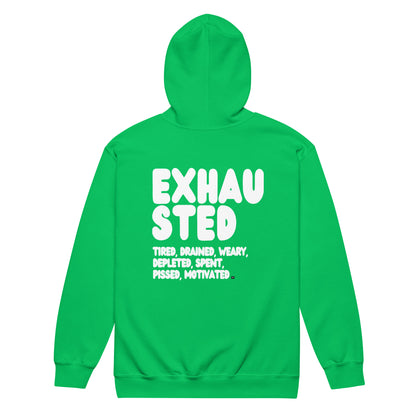 Exhausted in Green Unisex Zip-Up Hoodie from the APWT Gift Shop