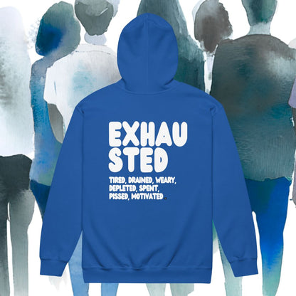 Blue hoodie with 'Exhausted' on the back, displayed against a blurred background of people