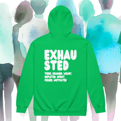 Green hoodie with 'Exhausted' text on a colorful abstract background