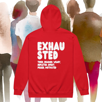 Red hoodie with 'EXHAUSTED' text on the back