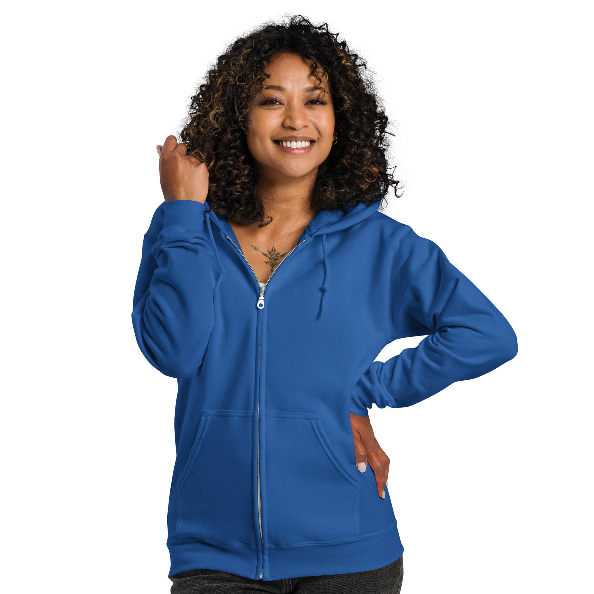 Front view of Woman wearing A Community in Ocean Blue Unisex Zip-Up Hoodie