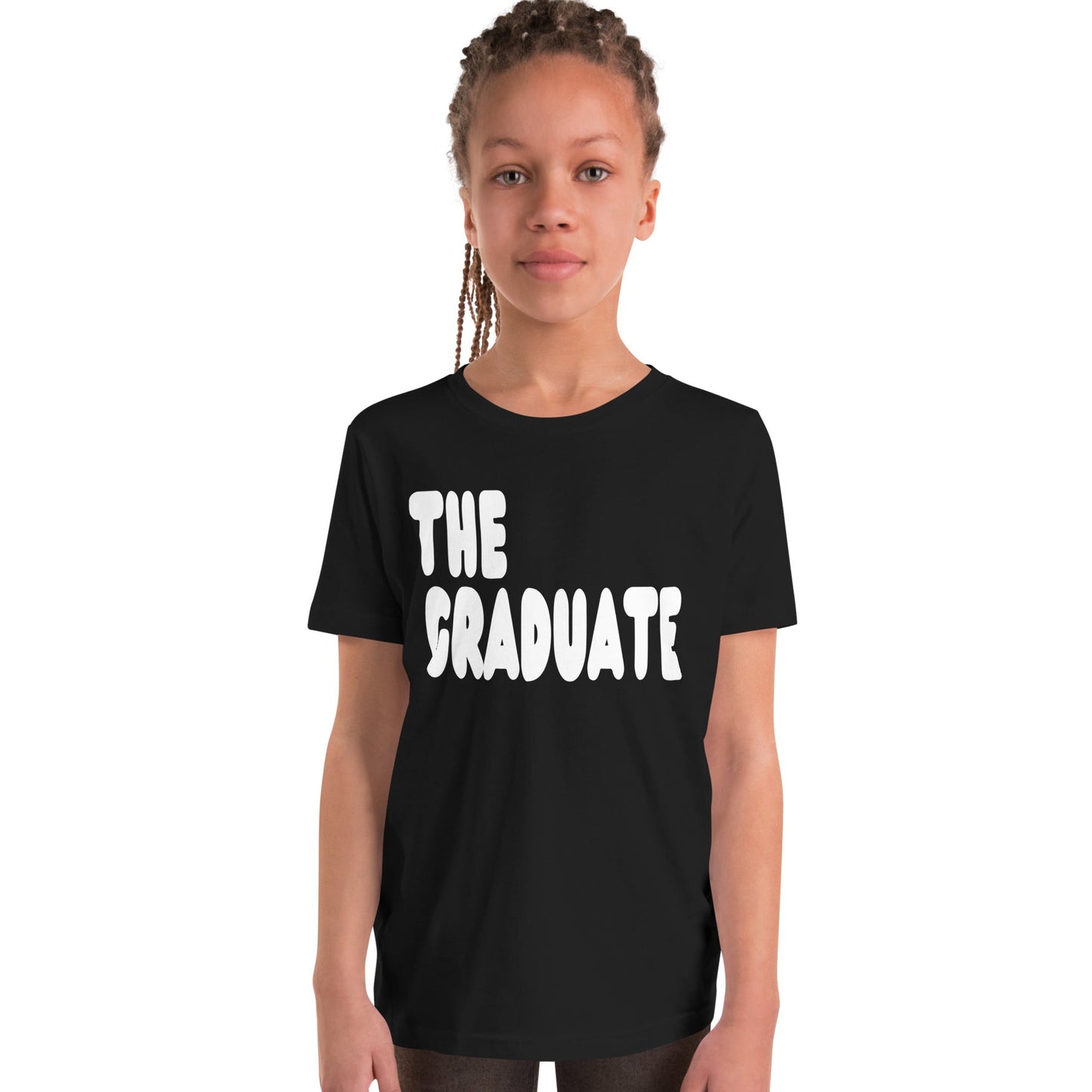 Girl wearing The Graduate Kid's Unisex T-Shirt in Black from the APWT Gift Shop