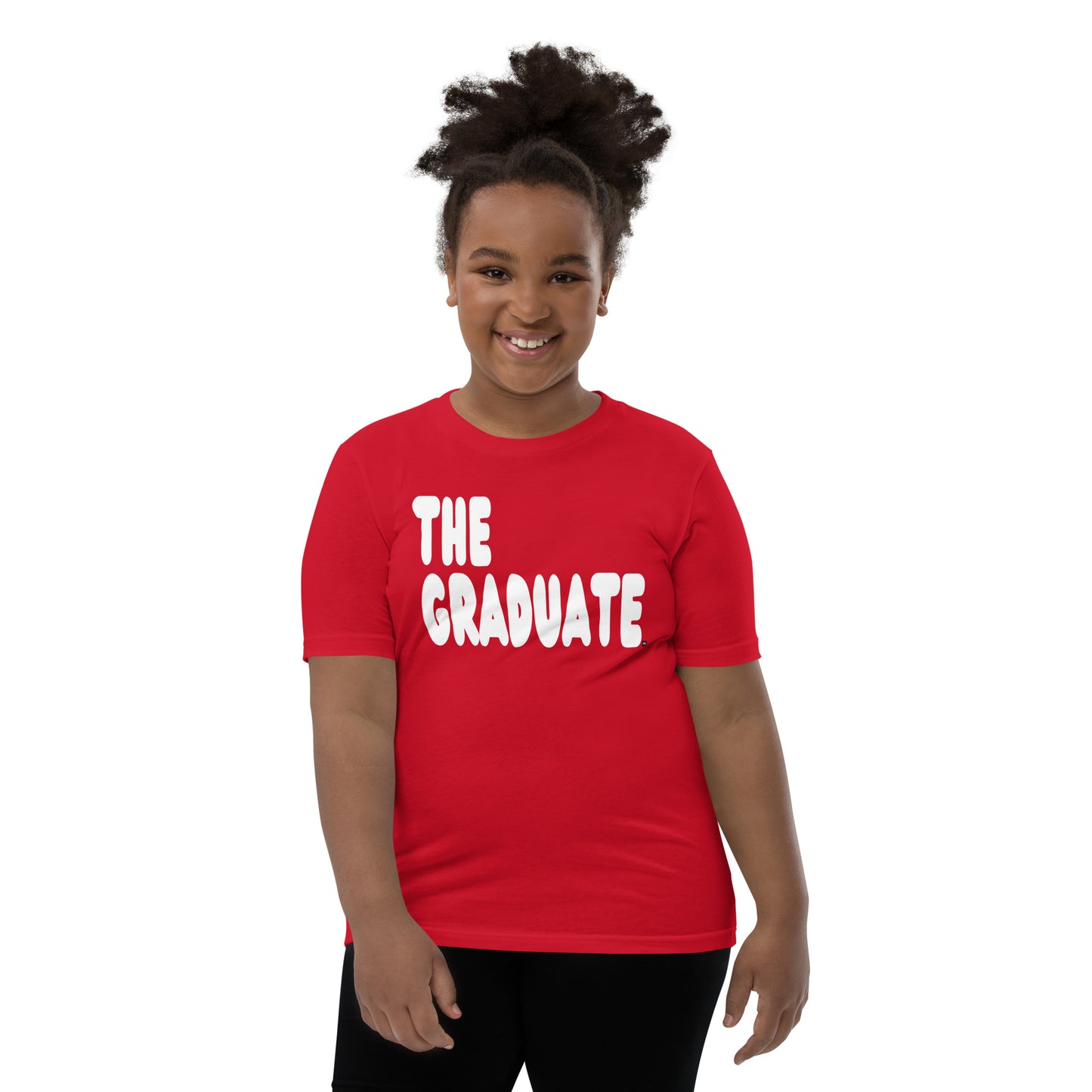Girl wearing The Graduate Kid's Unisex T-Shirt in Red from the APWT Gift Shop