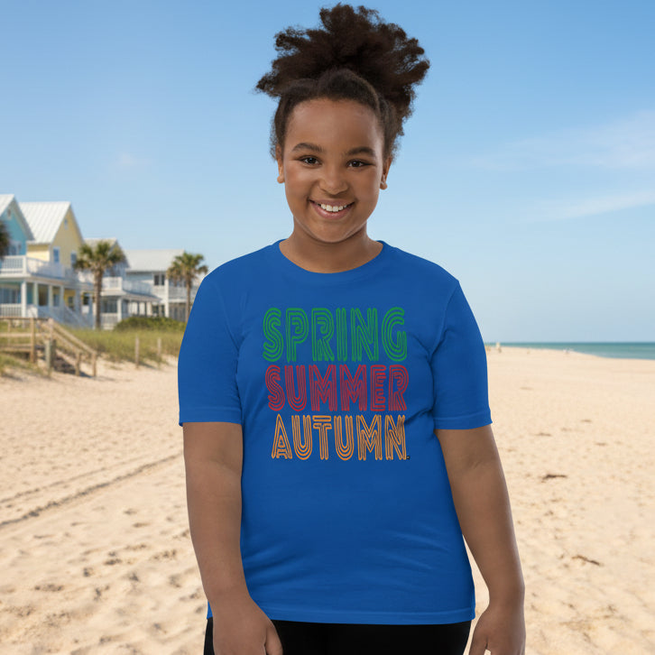 Girl wearing The Spring into Summer Kid's Unisex T-Shirt in Royal Blue
