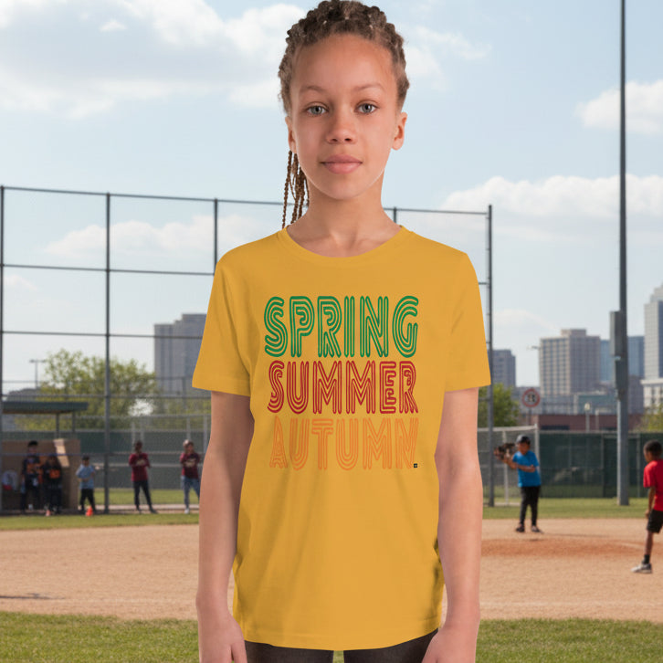 Girl wearing The Spring into Summer Kid's Unisex T-Shirt in Yellow