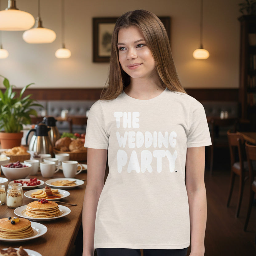 Girl standing at a breakfast buffet wearing the APWT Gift Shop's The Wedding Party Kids Unisex T-Shirt from the APWT Wedding Shop in Beige