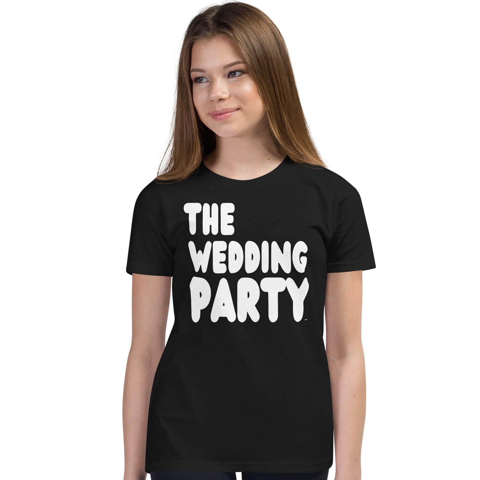 Girl wearing The Wedding Party Kids T-Shirt in Black from the APWT Gift Shop