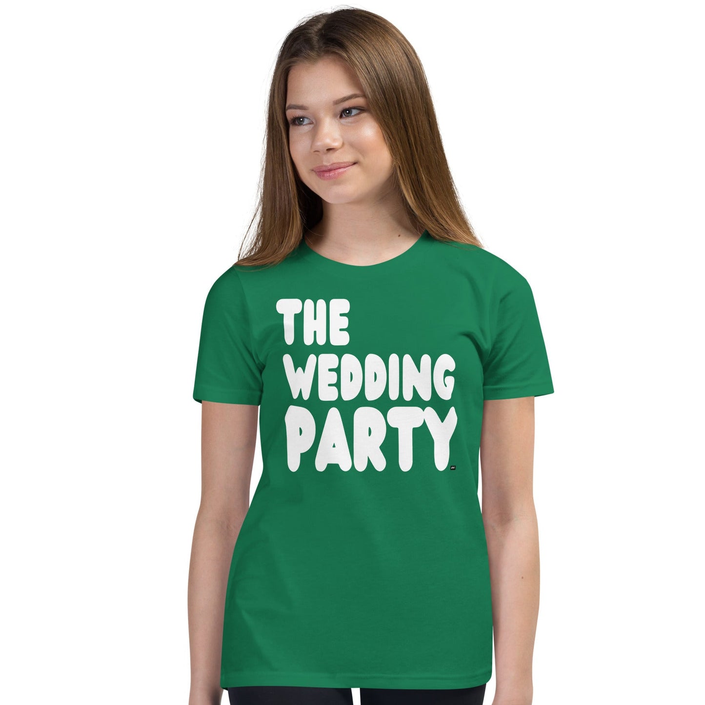 Girl wearing The Wedding Party Kids T-Shirt in Green from the APWT Gift Shop