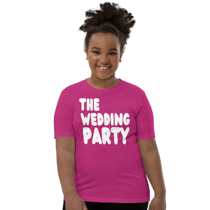Girl wearing The Wedding Party Kids T-Shirt in Hot Pink from the APWT Gift Shop