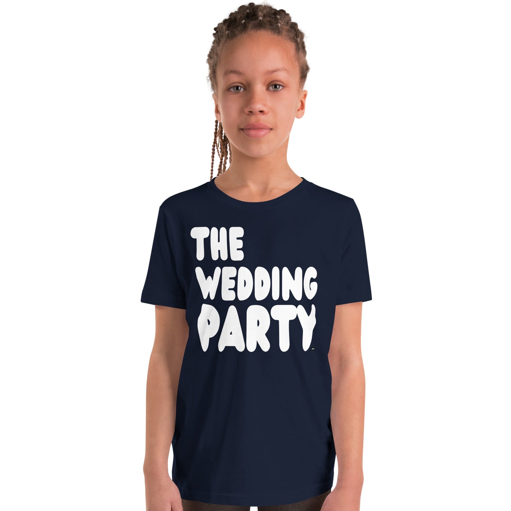 Girl wearing The Wedding Party Kids T-Shirt in Navy Blue from the APWT Gift Shop