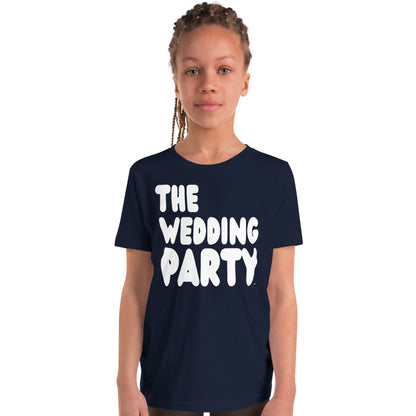 Girl wearing The Wedding Party Kids T-Shirt in Navy Blue from the APWT Gift Shop