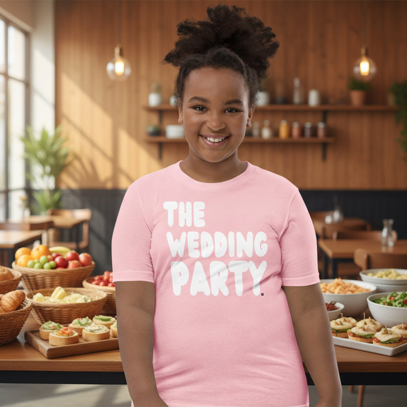 Girl wearing The Wedding Party Kids T-Shirt in Pink from the APWT Gift Shop
