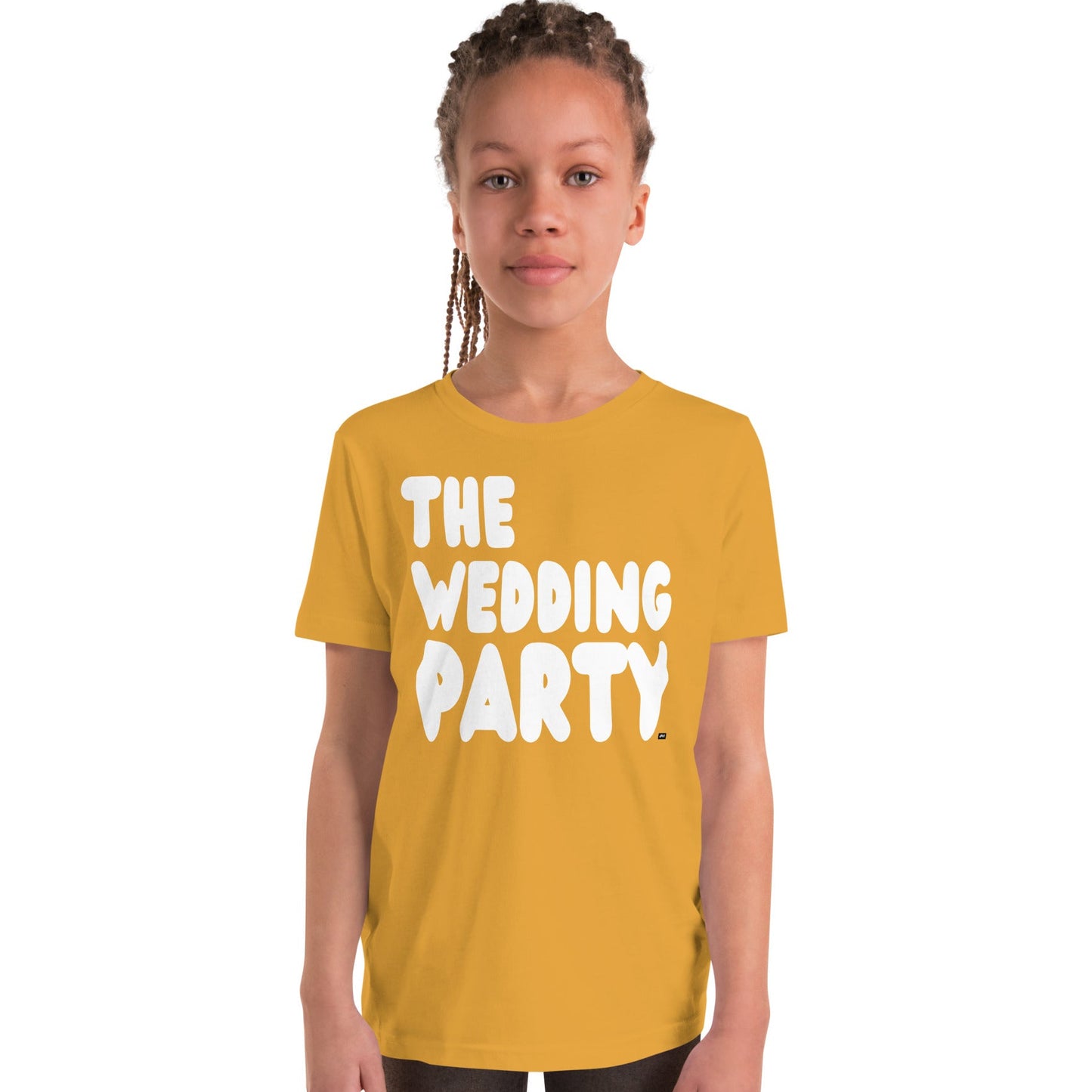 Girl wearing The Wedding Party Kids T-Shirt in Yellow from the APWT Gift Shop