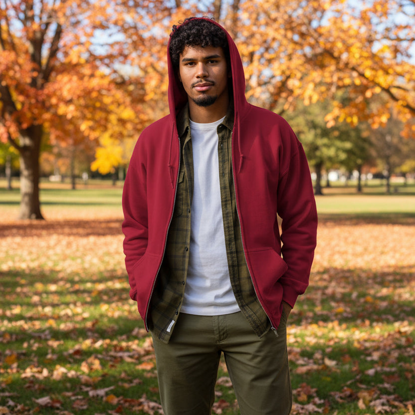 Man modeling front of A Community in Apple Red Unisex Hoodie