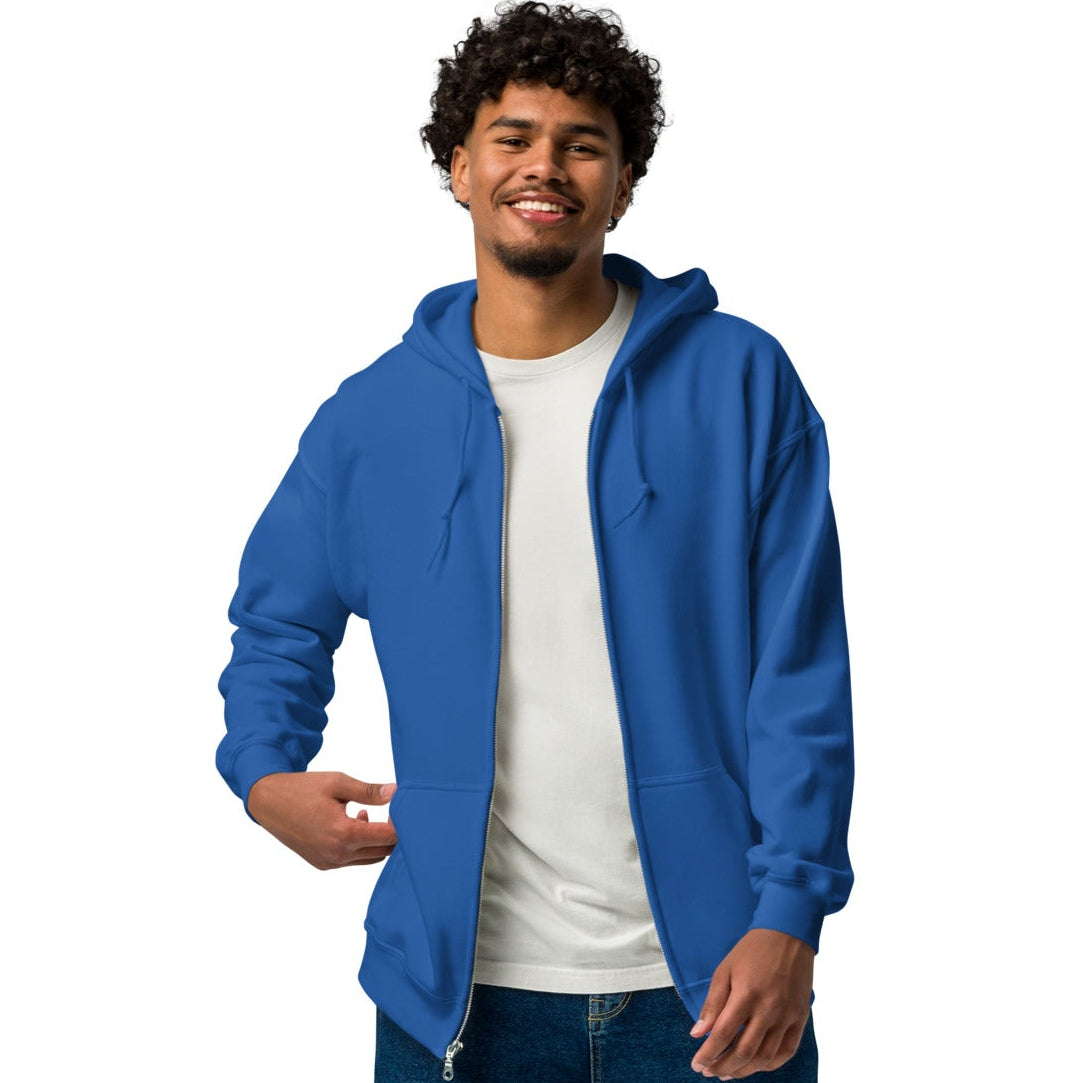 Man modeling front of The Groomsmen Unisex Zip-Up Hoodie in Royal Blue