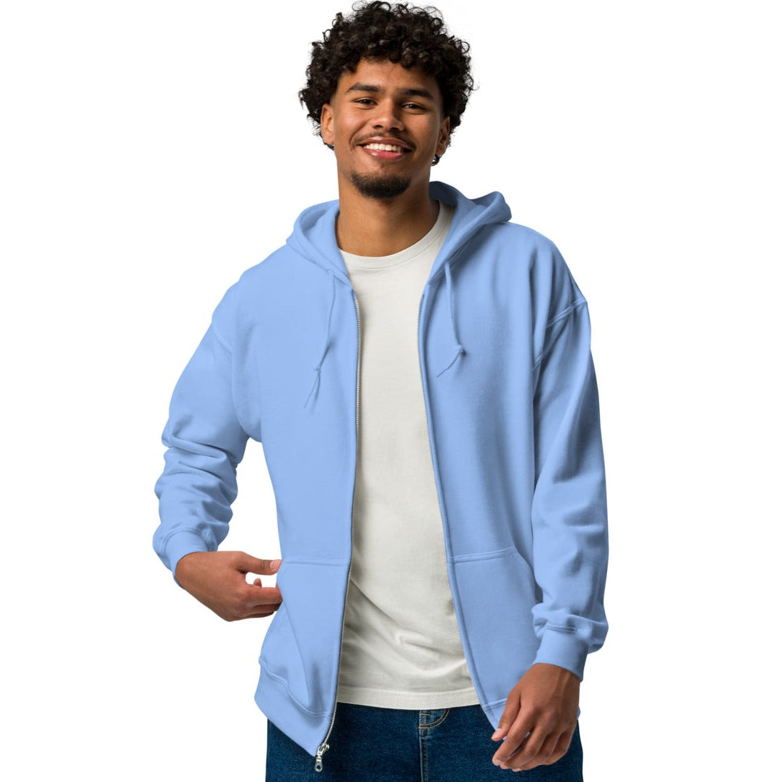 Man modeling the front of A Community in Sky Blue Unisex Zip-Up Hoodie