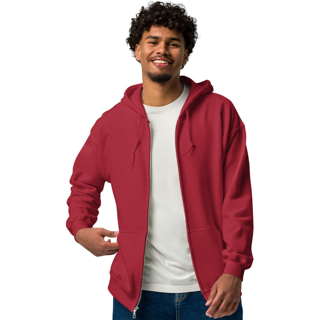 Man modeling the front of The Groomsmen Unisex Zip-Up Hoodie in Apple Red