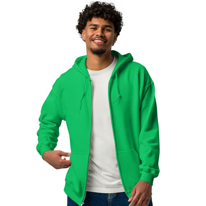 Man modeling the front of The Groomsmen Unisex Zip-Up Hoodie in Green