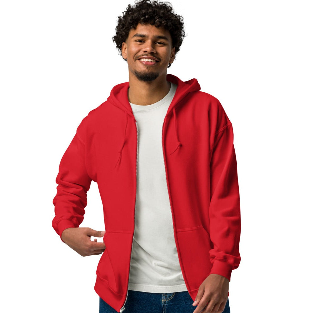 Man modeling the front of The Groomsmen Unisex Zip-Up Hoodie in Red