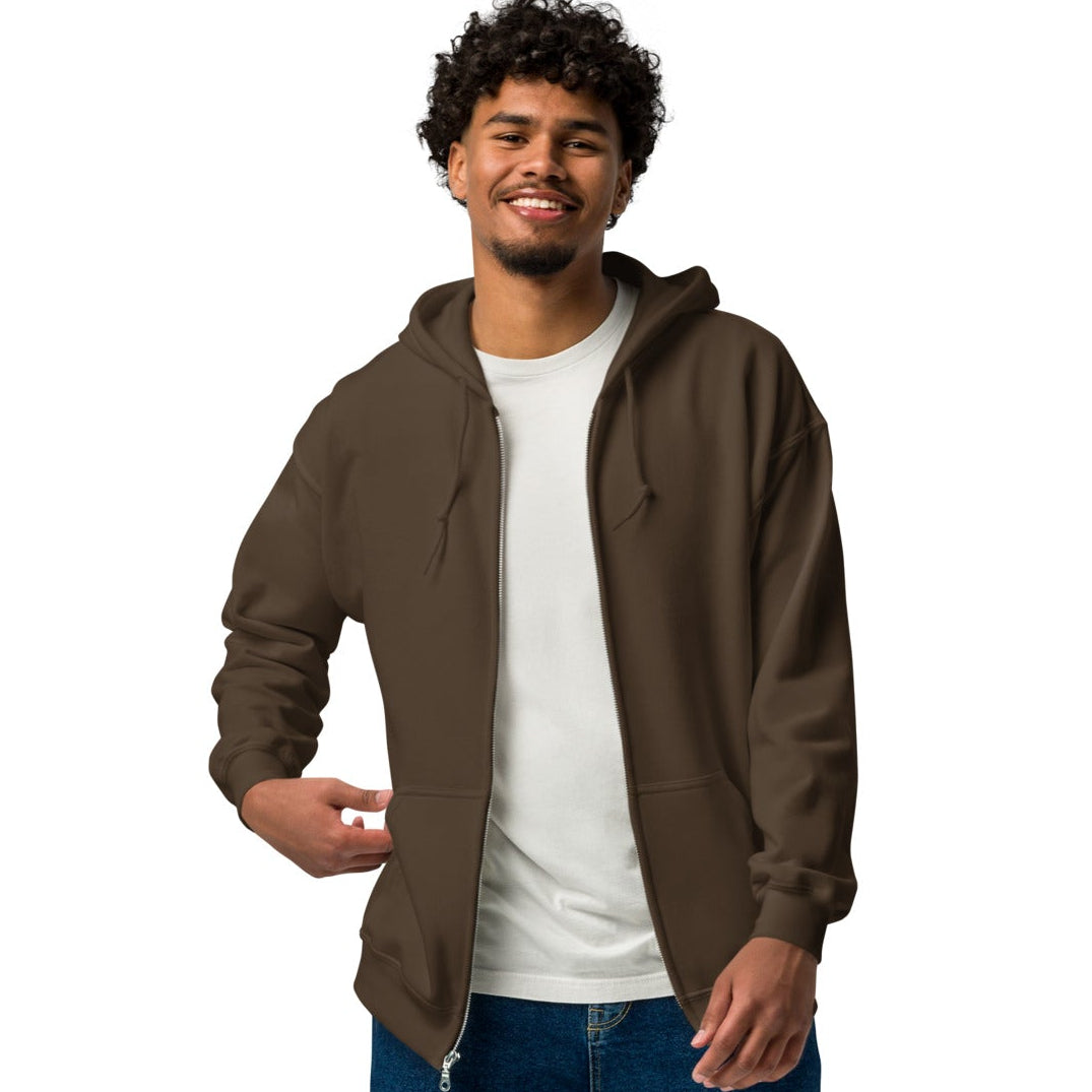 Man modeling the front of the Groomsmen Unisex Zip-Up Hoodie in Brown