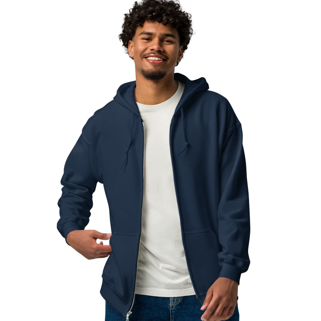 Man modeling the front of the Groomsmen Unisex Zip-Up Hoodie in Navy Blue