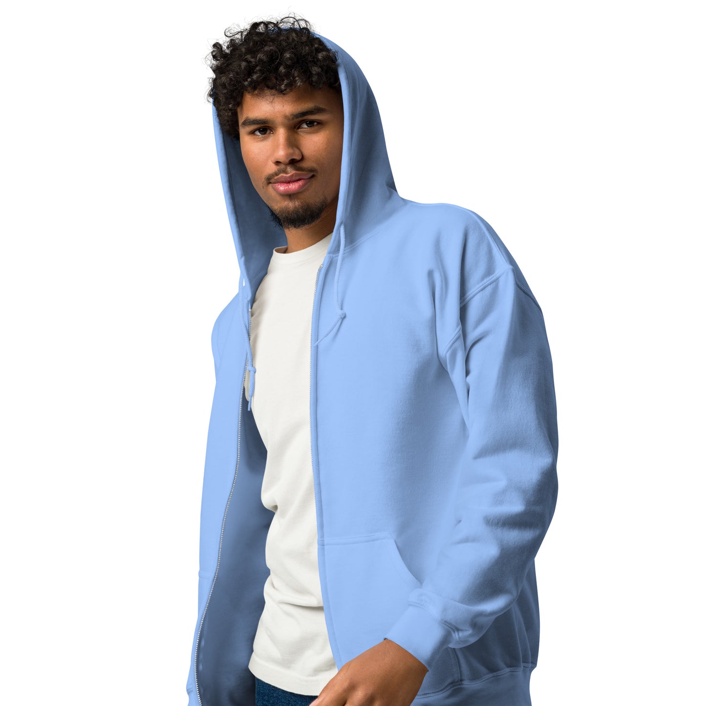 Man modeling the side of A Community in Sky Blue Unisex Zip-Up Hoodie