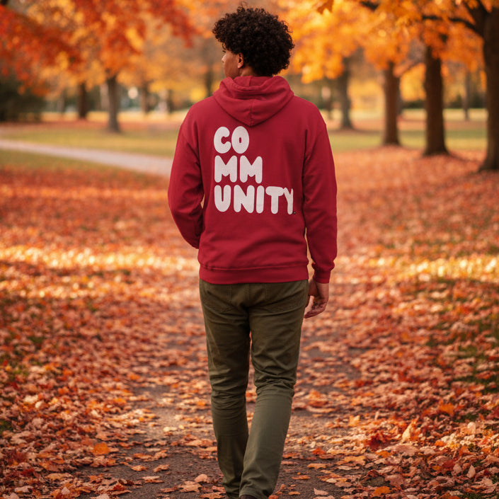 Man wearing A Community in Apple Red Unisex Hoodie