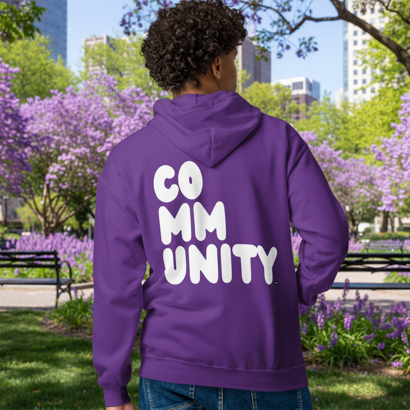 Man wearing A Community in Purple Flower Unisex Zip-Up Hoodie