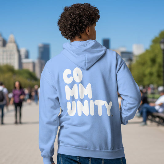 Man wearing A Community in Sky Blue Unisex Zip-Up Hoodie