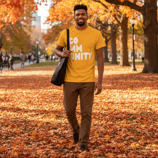 Man wearing A Community in Sunflower Yellow from the APWT Gift Shop