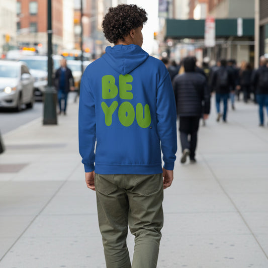 Man wearing Be You in Blue and Green Unisex Zip-Up Hoodie
