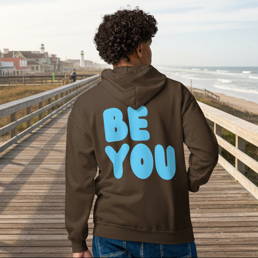 Man wearing Be You in Brown and Blue Unisex Zip-Up Hoodie