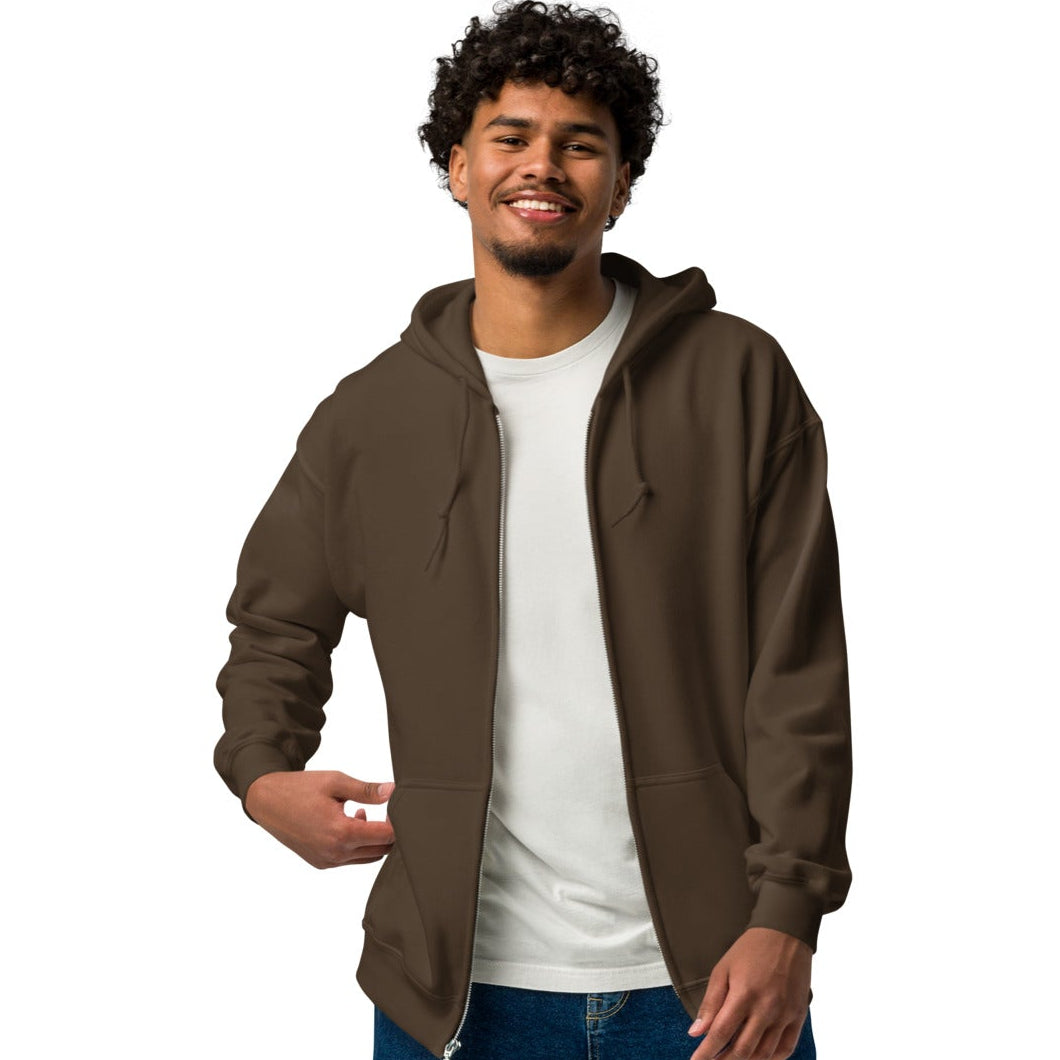 Man wearing Be You in Brown and Blue Unisex Zip-Up Hoodie Front