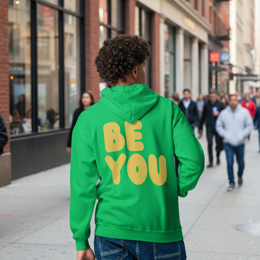 Man wearing Be You in Green and Yellow Unisex Zip-Up Hoodie