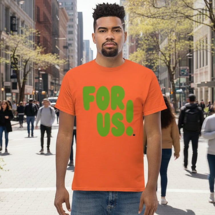 Man wearing the APWT Gift Shop's For Us in Orange and Green Unisex T-Shirt from the For Us Collection
