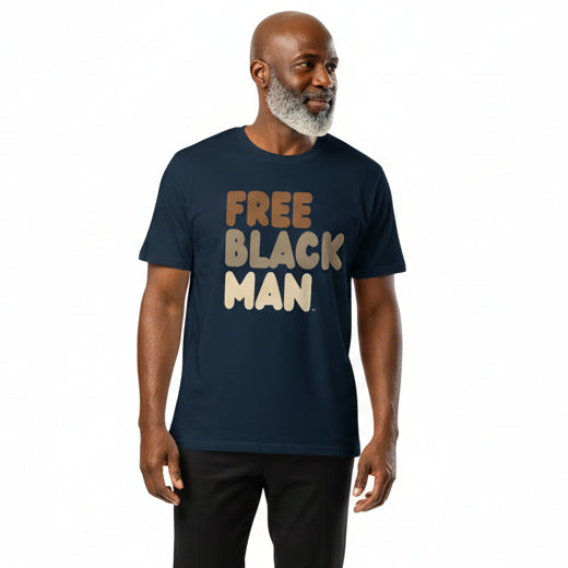 Man wearing Free Black Man Premium Unisex T-Shirt in Navy Blue
