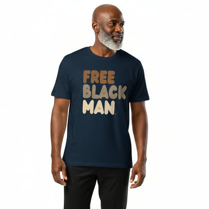 Man wearing Free Black Man Premium Unisex T-Shirt in Navy Blue